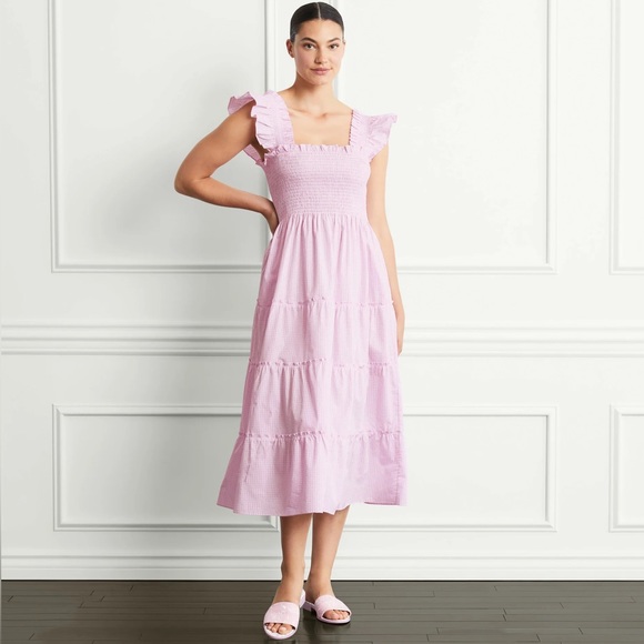 New! HILL HOUSE HOME Ellie Nap Tiered Midi Dress in Pink Gingham - Picture 3 of 13